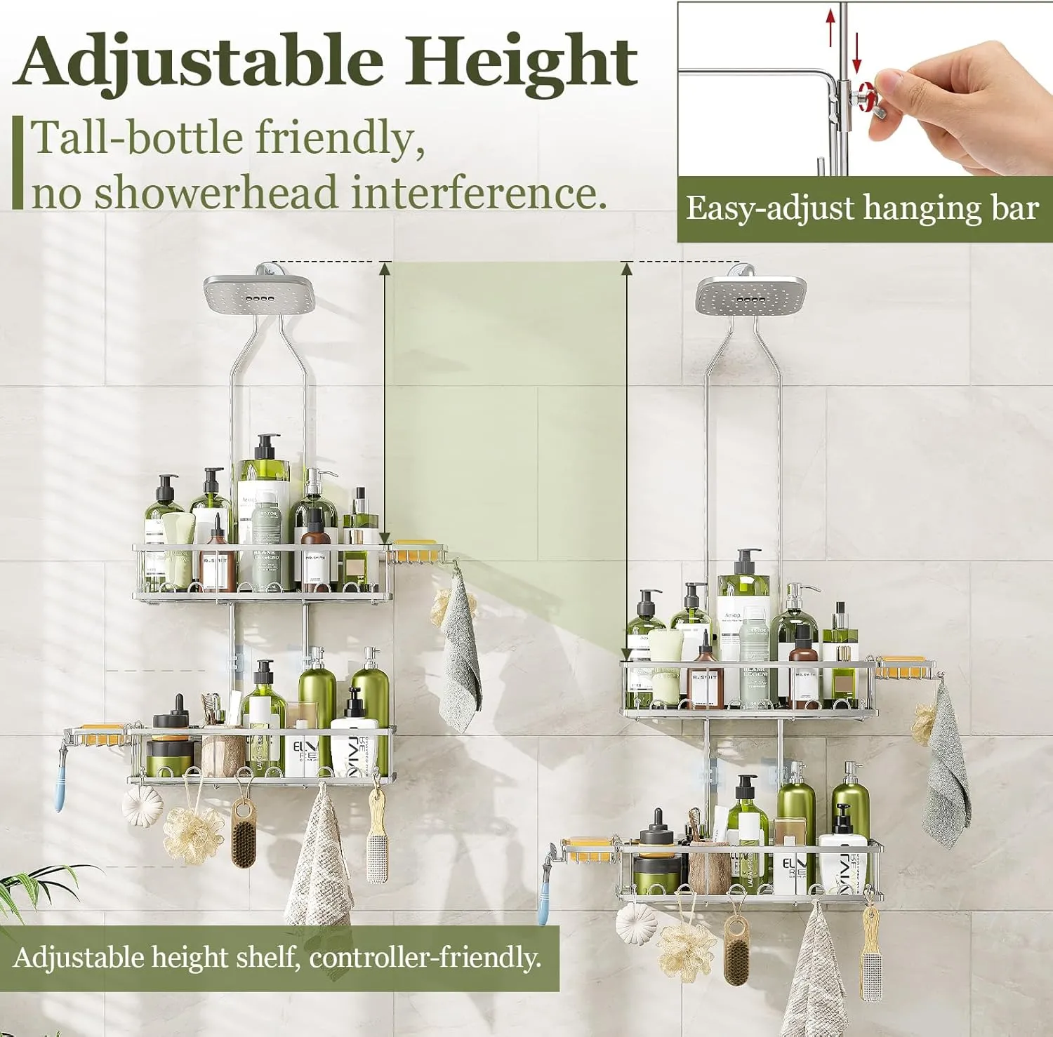 Shower Caddy Hanging: Adjustable Height No Blocking to Shower Head - Silver Shower Caddy Over Showerhead Shower Organizer - Rustproof Shower Shelves with Hooks 2 Soap Holders