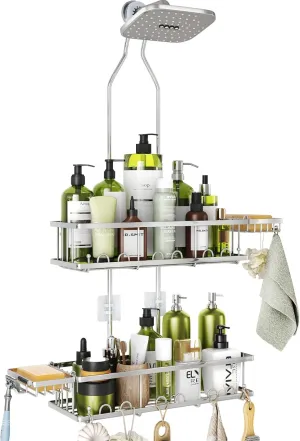 Shower Caddy Hanging: Adjustable Height No Blocking to Shower Head - Silver Shower Caddy Over Showerhead Shower Organizer - Rustproof Shower Shelves with Hooks 2 Soap Holders