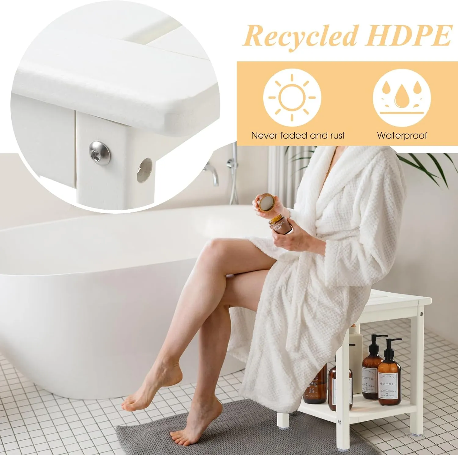 Shower Chair, HDPE Shower Bench for Inside Shower to Sit On It, Shower Stool with Storage Shelf 2-Tier Spa Stool for Elderly,Water Resistant & Non-Slip Design Shower Seat Bench(White S Size)