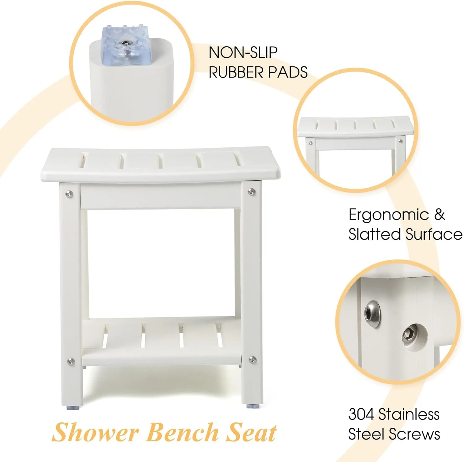 Shower Chair, HDPE Shower Bench for Inside Shower to Sit On It, Shower Stool with Storage Shelf 2-Tier Spa Stool for Elderly,Water Resistant & Non-Slip Design Shower Seat Bench(White S Size)