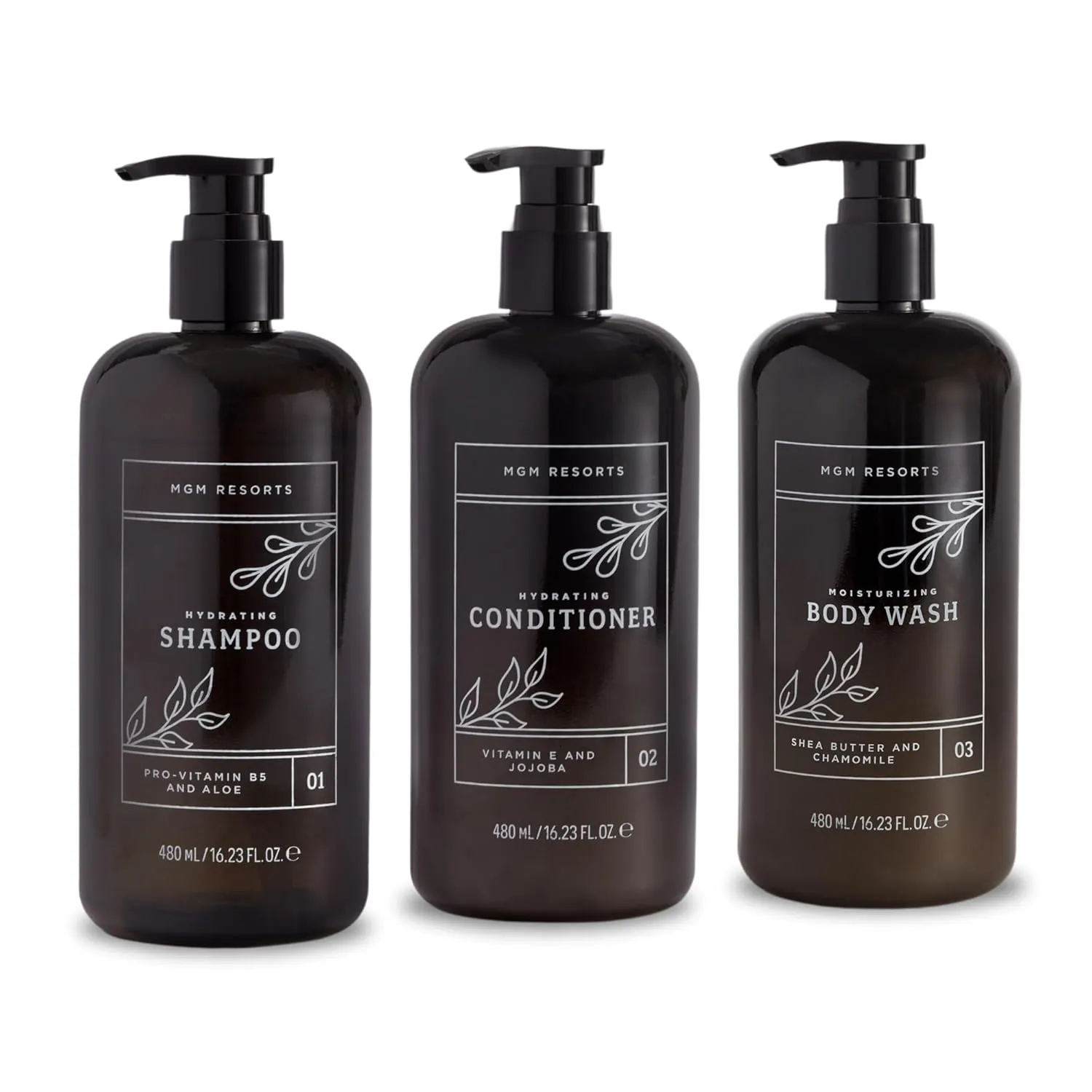 Shower Set - Hydrating Shampoo, Conditioner, & Body Wash - Pro-Vitamin B5 & Aloe - Scent of Fig, Cranberry & Bergamot - Hotel Shower Amenities - 1 of Each - 16.23 oz Bottles