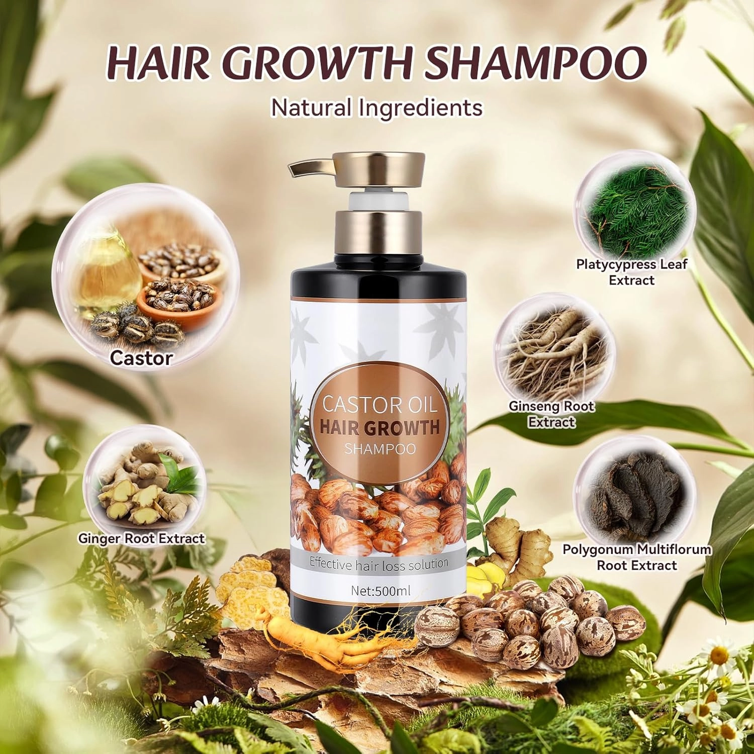Silvercell Castor Oil for Hair Growth Shampoo, Prevents Hair Loss Shampoo Strengthens Hair Roots, Hair Care Shampoo Nourishes Dry Hair, Hair Thickening Shampoo for Women & Men,16.91 fl.oz, Beige
