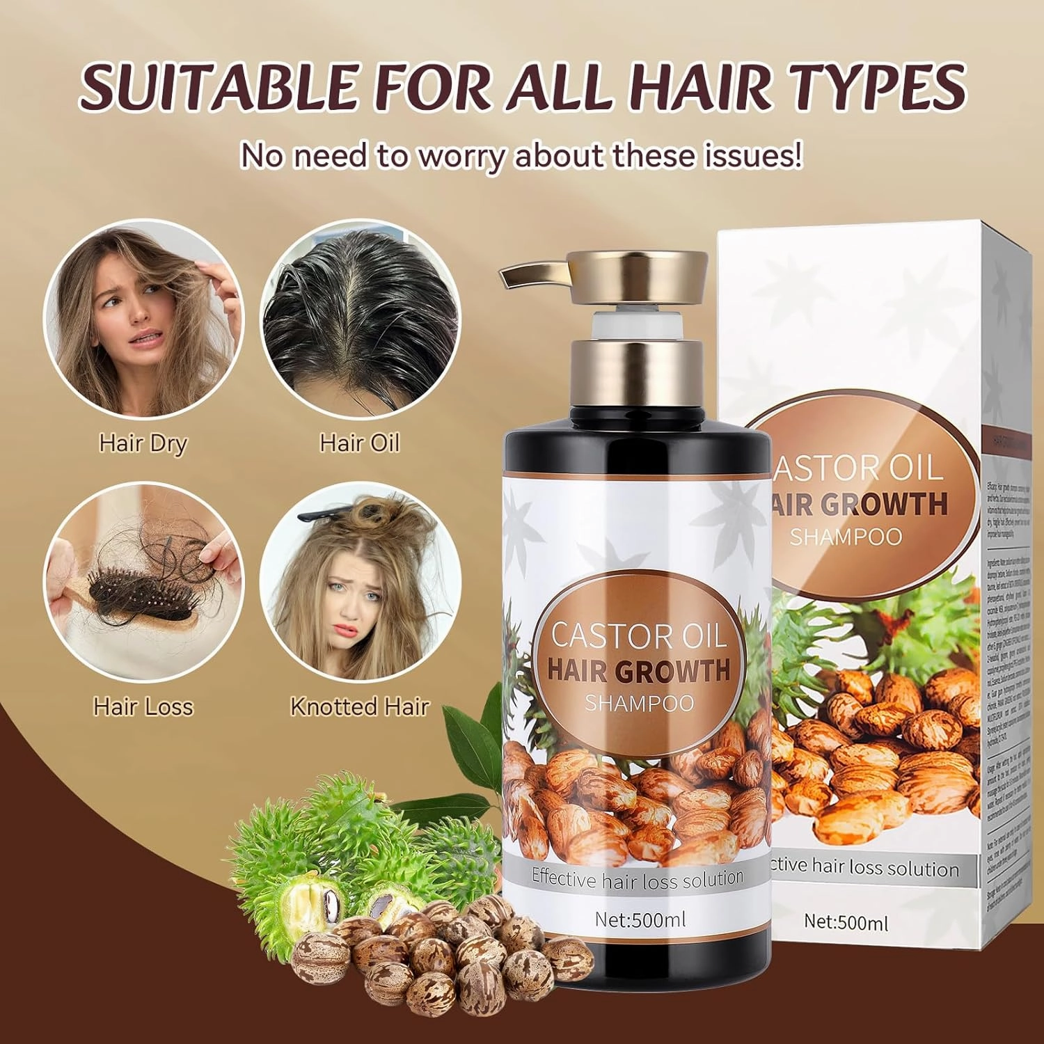 Silvercell Castor Oil for Hair Growth Shampoo, Prevents Hair Loss Shampoo Strengthens Hair Roots, Hair Care Shampoo Nourishes Dry Hair, Hair Thickening Shampoo for Women & Men,16.91 fl.oz, Beige