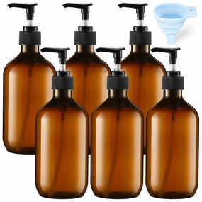 Sliner 6 Pcs Plastic Shampoo and Conditioner Dispenser Bottles 16.9 oz Shower Bottles with Pump 12 Labels and 1 Silicone Funnel Reusable Hand Soap Containers for Bathroom Shower(Amber)