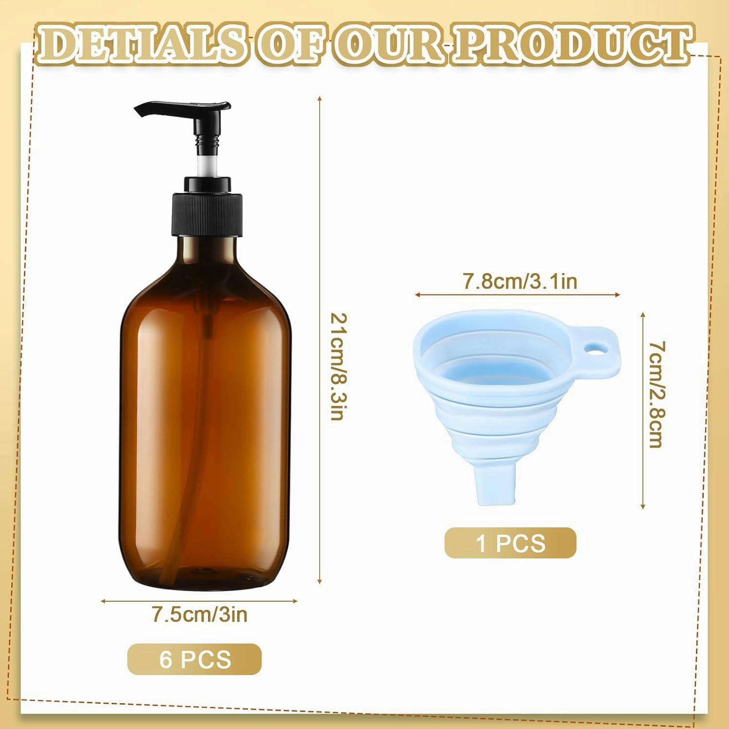 Sliner 6 Pcs Plastic Shampoo and Conditioner Dispenser Bottles 16.9 oz Shower Bottles with Pump 12 Labels and 1 Silicone Funnel Reusable Hand Soap Containers for Bathroom Shower(Amber)
