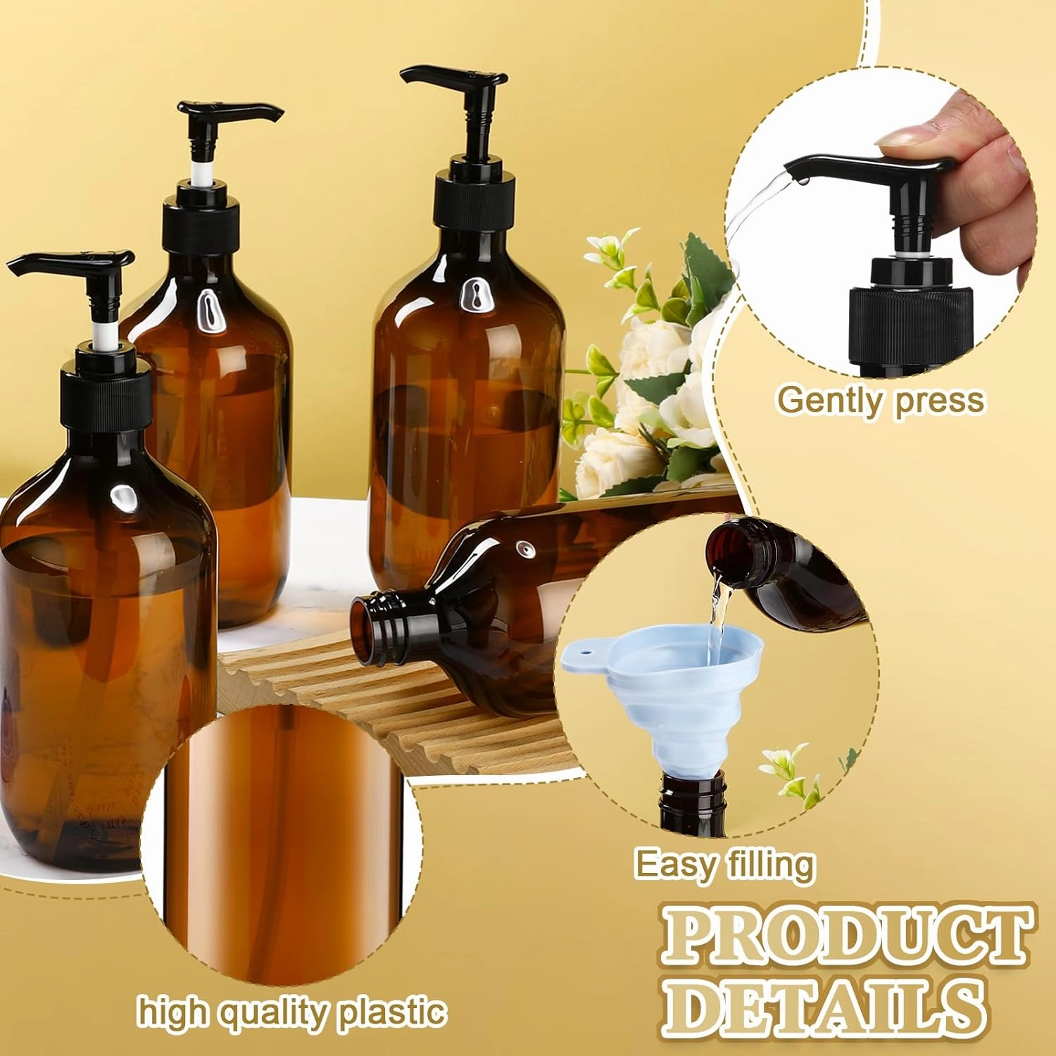 Sliner 6 Pcs Plastic Shampoo and Conditioner Dispenser Bottles 16.9 oz Shower Bottles with Pump 12 Labels and 1 Silicone Funnel Reusable Hand Soap Containers for Bathroom Shower(Amber)