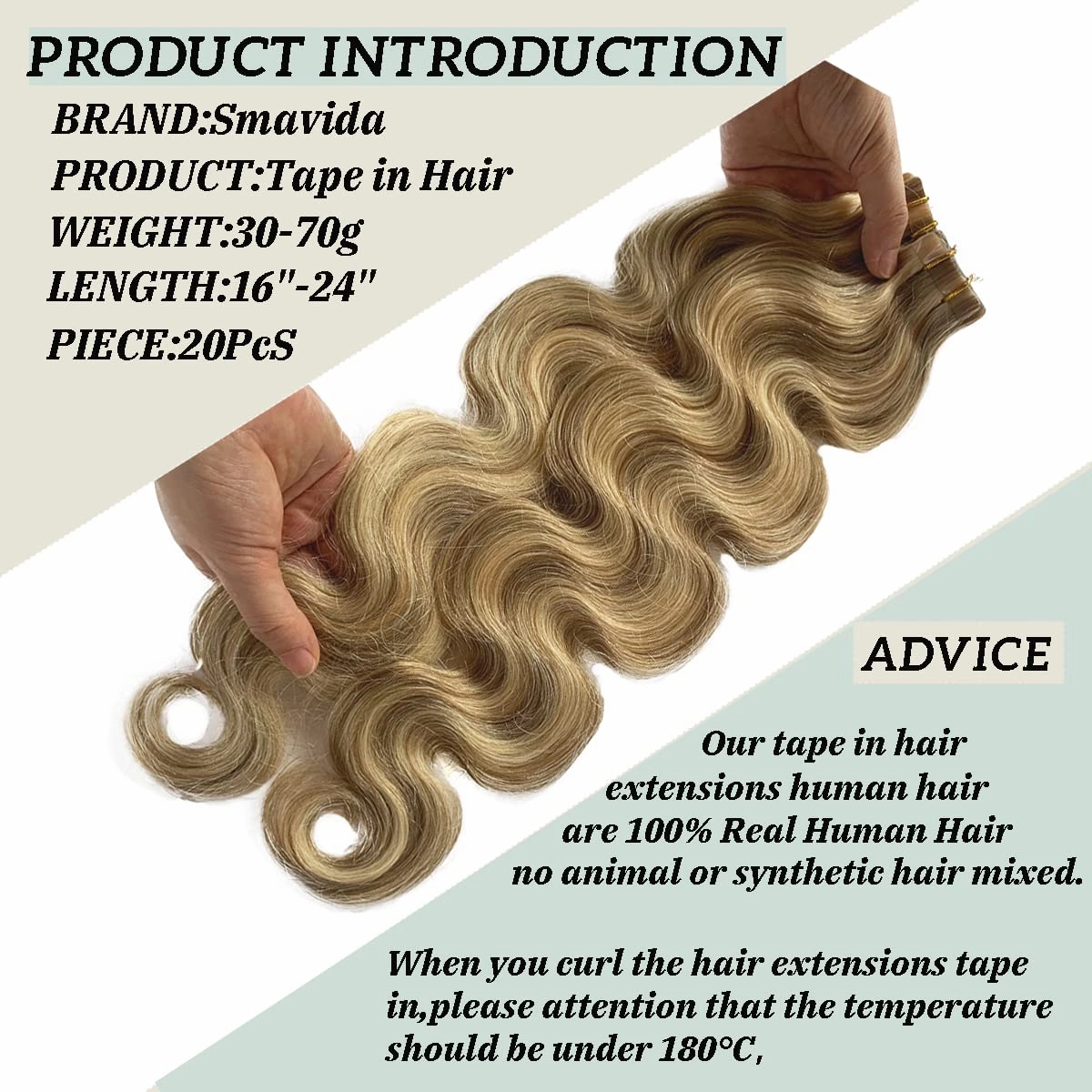 Smavida Tape in Hair Extensions 22" #18 Ash Blonde to #613 Blonde Highlights Balayage Remy Human Hair 60g 20Pcs/Pack Body Wavy Seamless Skin Weft Glue in Extensions…