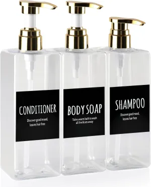Soap Dispensers, 16.9oz Plastic Bottles with Gold Pumps & Waterproof Labels for Shampoo, Hand Soap, Body Wash - Ideal for Bathroom, Kitchen, Living Room, Set of 3 (Transparent)