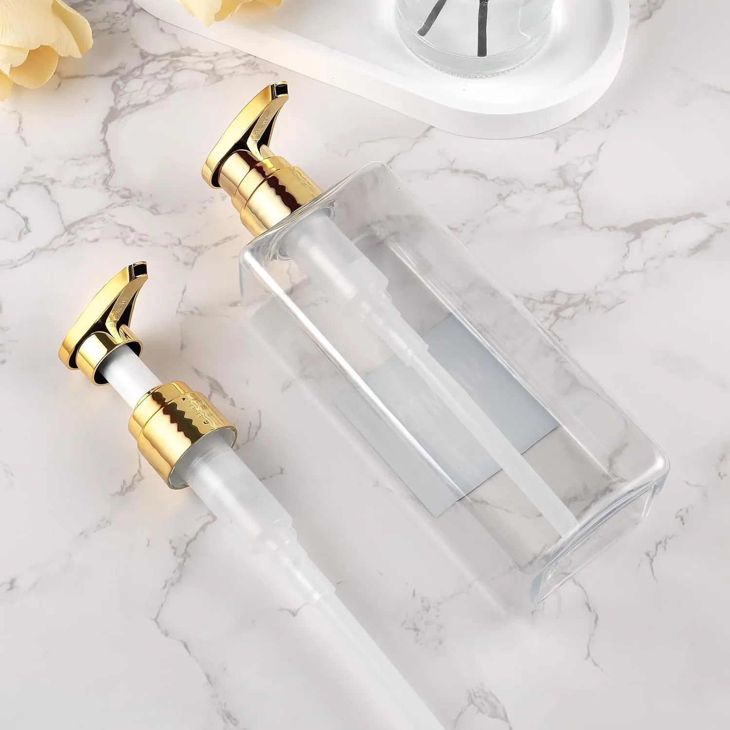 Soap Dispensers, 16.9oz Plastic Bottles with Gold Pumps & Waterproof Labels for Shampoo, Hand Soap, Body Wash - Ideal for Bathroom, Kitchen, Living Room, Set of 3 (Transparent)