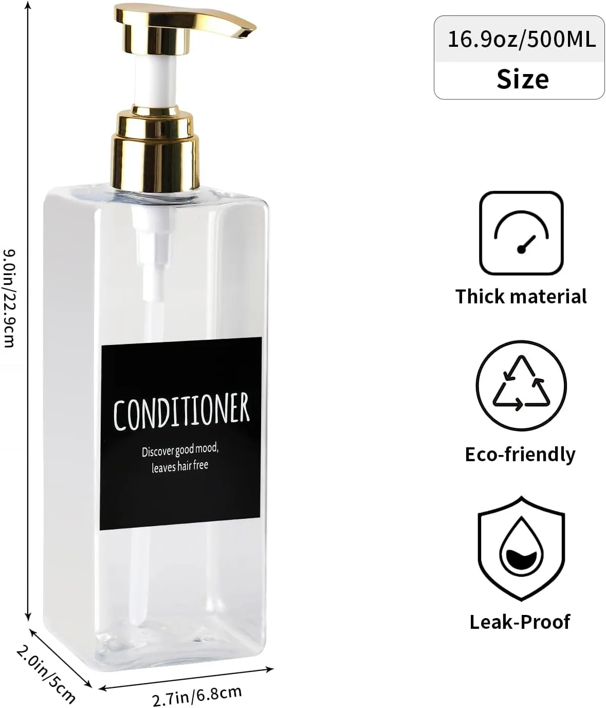 Soap Dispensers, 16.9oz Plastic Bottles with Gold Pumps & Waterproof Labels for Shampoo, Hand Soap, Body Wash - Ideal for Bathroom, Kitchen, Living Room, Set of 3 (Transparent)