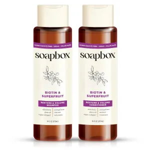 Soapbox Biotin & Superfruit Shampoo & Conditioner Set with Vegan Collagen, Aloe and Shea Butter, Pack of 2 Harsh Sulfate Free, Paraben & Silicone Free, 16 Ounces Each