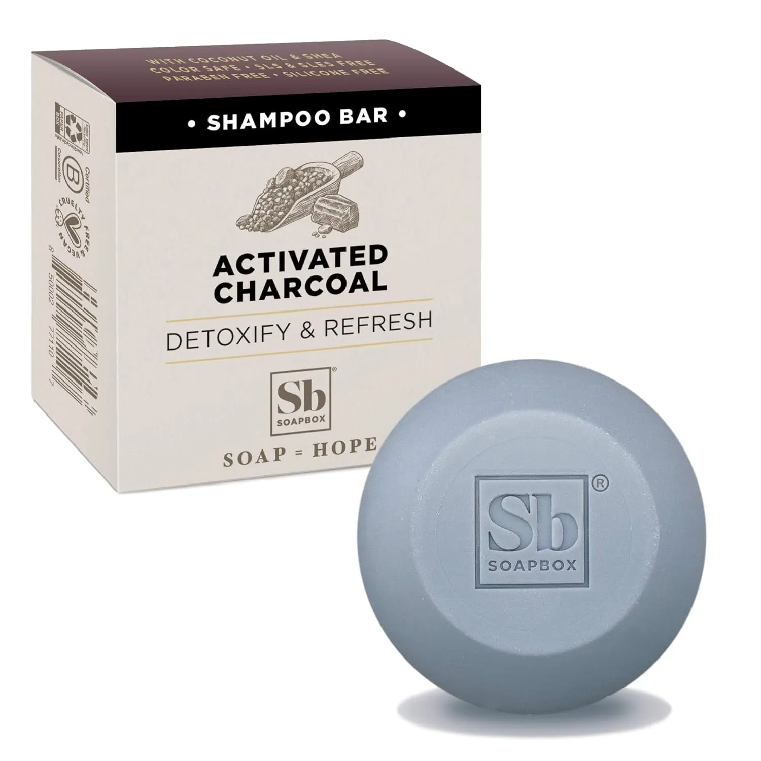 Soapbox Soap Bar Shampoo, 3.1oz Travel and Eco Friendly Hair Cleanser with Activated Charcoal. Vegan, Sulfate, Paraben, Cruelty & Silicone Free, Color Safe & Low Plastic