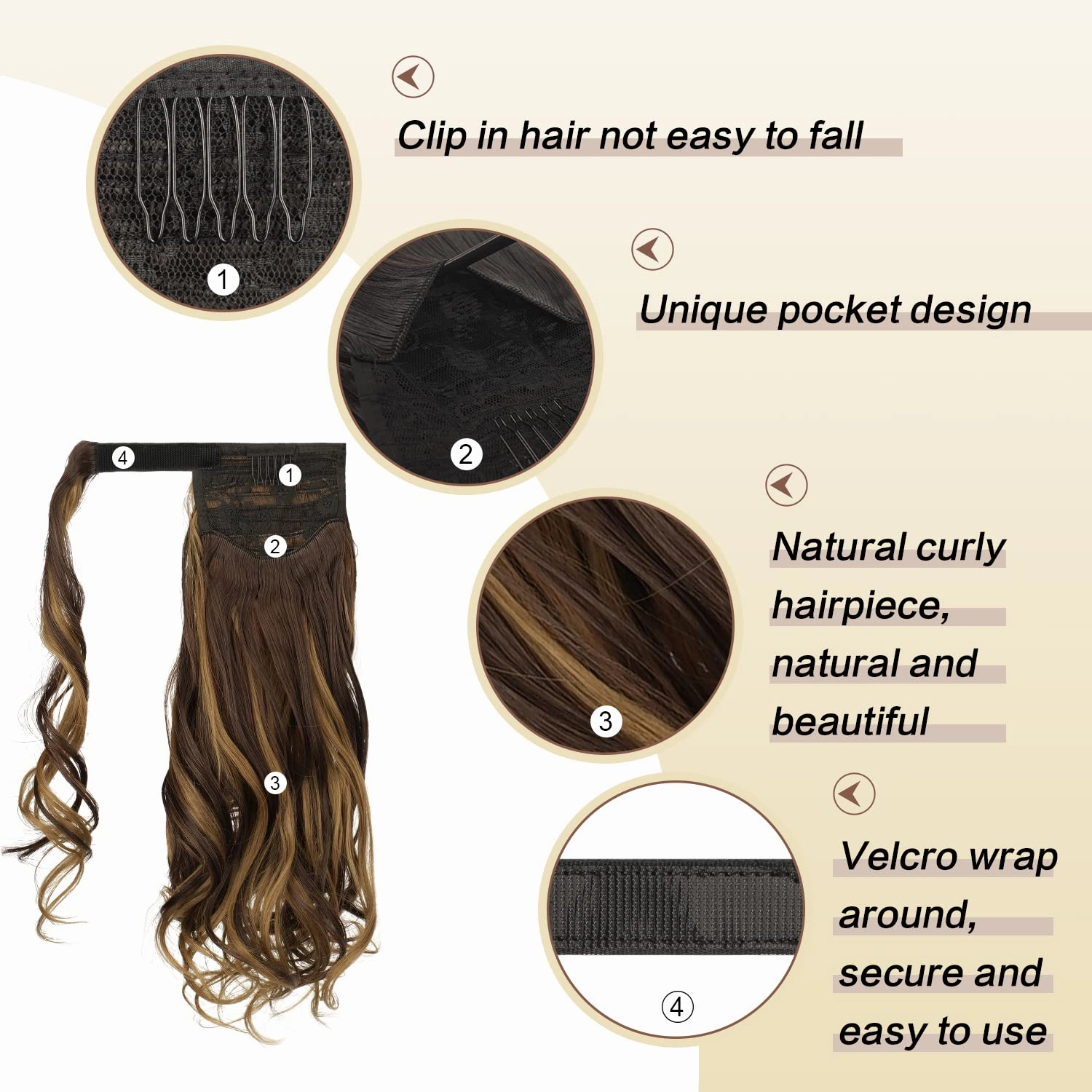 SOFEIYAN Curly Ponytail Extension 15 Inch Heat Resistant Synthetic Natural Wavy Hairpiece Wrap Around Pony Tail Hair Extensions for White Black Women Hair Piece, Dark Brown/Golden Auburn