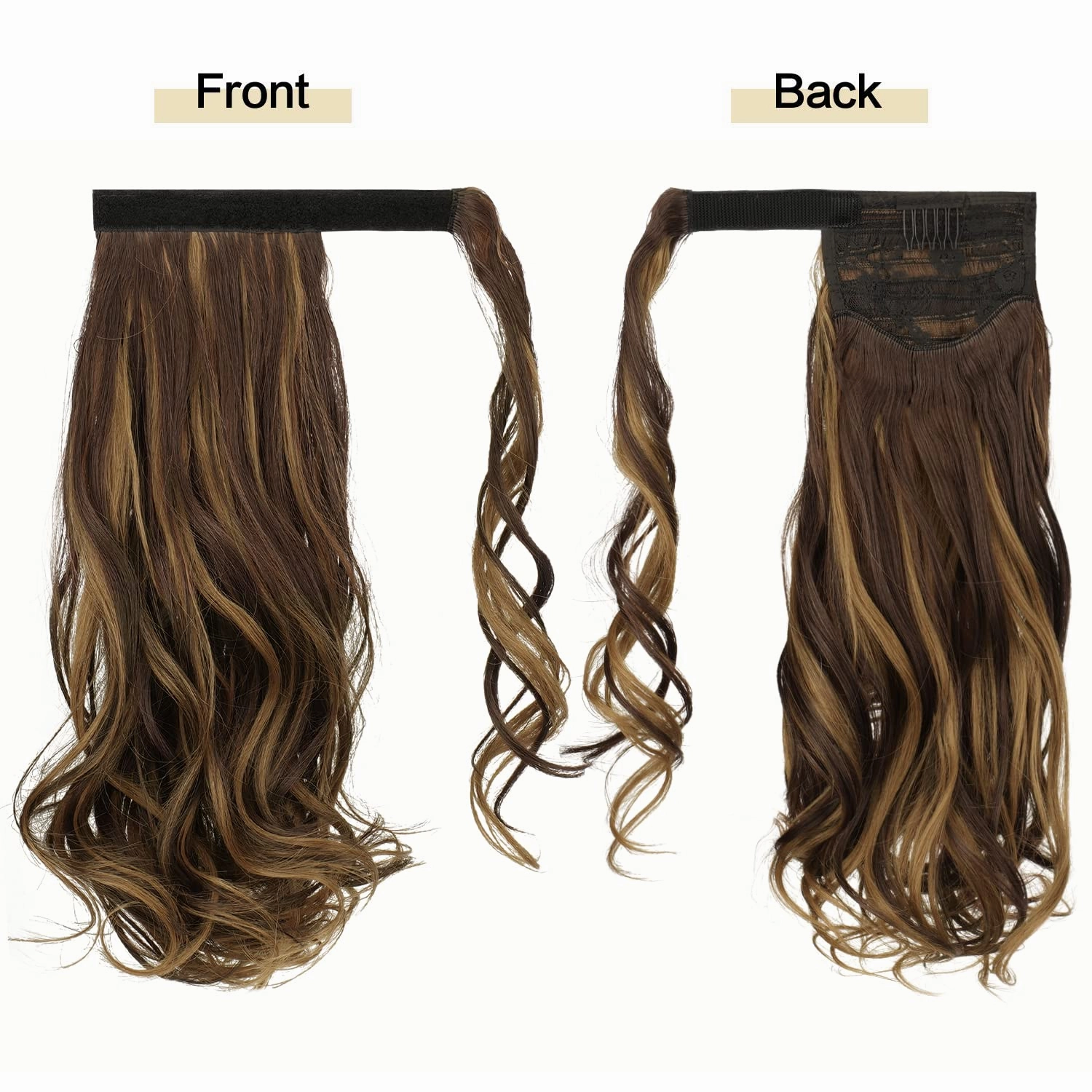 SOFEIYAN Curly Ponytail Extension 15 Inch Heat Resistant Synthetic Natural Wavy Hairpiece Wrap Around Pony Tail Hair Extensions for White Black Women Hair Piece, Dark Brown/Golden Auburn