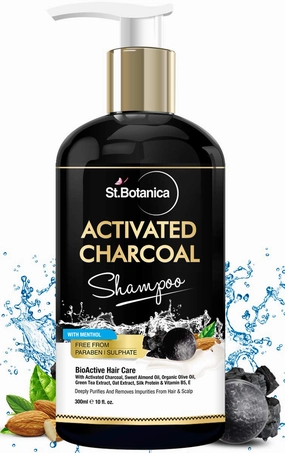 StBotanica Activated Charcoal Hair Shampoo, 300ml - No SLS/Sulphate, Paraben or Silicon - Refreshing Menthol, Organic Olive & Almond Oil, Vitamin B5, E, Oats & Silk Protein