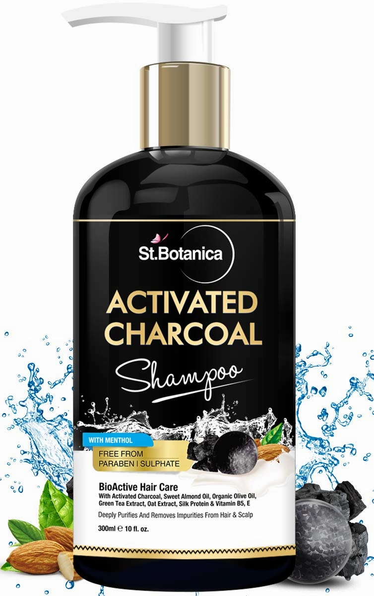 StBotanica Activated Charcoal Hair Shampoo, 300ml - No SLS/Sulphate, Paraben or Silicon - Refreshing Menthol, Organic Olive & Almond Oil, Vitamin B5, E, Oats & Silk Protein