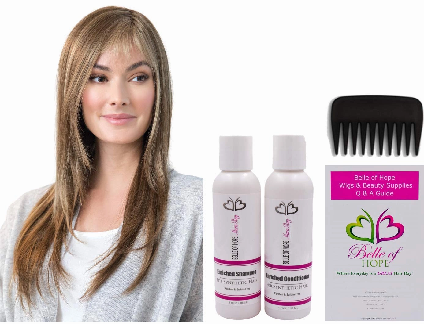 STEVIE Double Mono Synthetic Wig by Amore, 5PC Bundle: Wig, 4oz Mara Ray Enriched Shampoo, Conditioner, Wide Tooth Comb, and 19 Page Belle of Hope Guide (Cappucino)