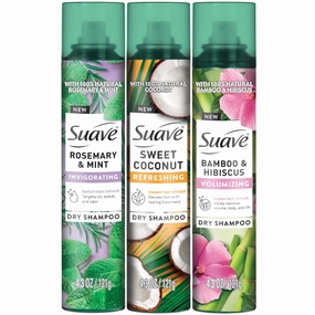 Suave Dry Shampoo Spray Variety 3-Pack – Invigorating Rosemary & Mint, Volumizing Bamboo & Hibiscus   Refreshing Sweet Coconut, 4.3 Oz Ea