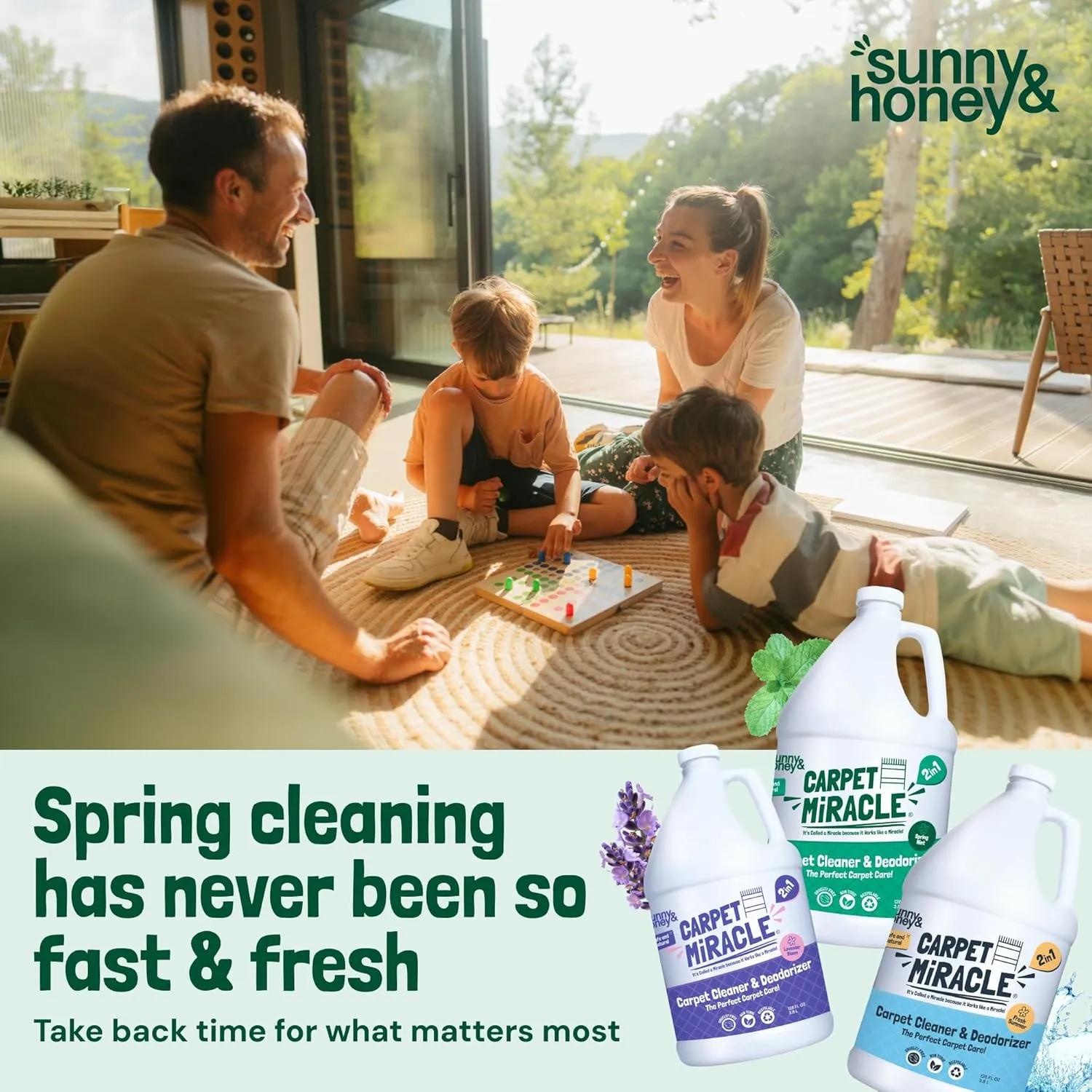 Sunny & Honey Carpet Miracle - Carpet Cleaner Shampoo - Deep Stain Remover & Odor-Deodorizing Formula - Rug Shampoo & Upholstery Cleaner Solution (32 Fl Oz, Spring Mint Scent)