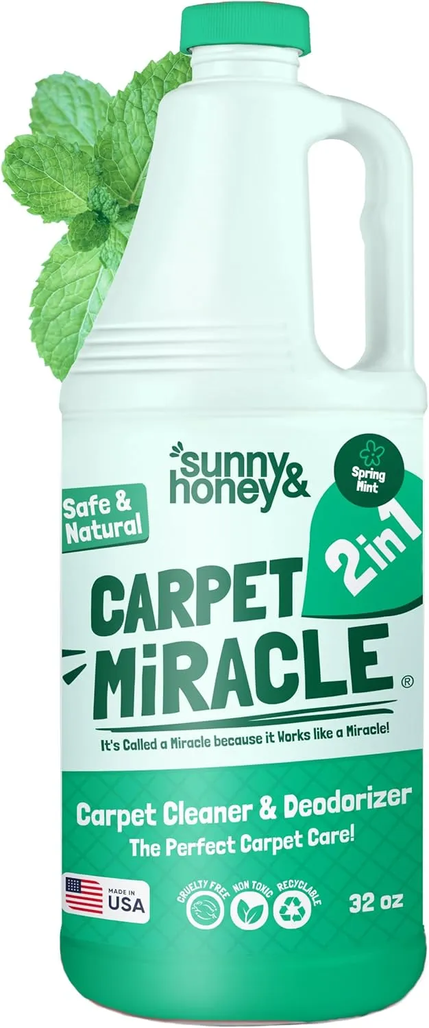 Sunny & Honey Carpet Miracle - Carpet Cleaner Shampoo - Deep Stain Remover & Odor-Deodorizing Formula - Rug Shampoo & Upholstery Cleaner Solution (32 Fl Oz, Spring Mint Scent)