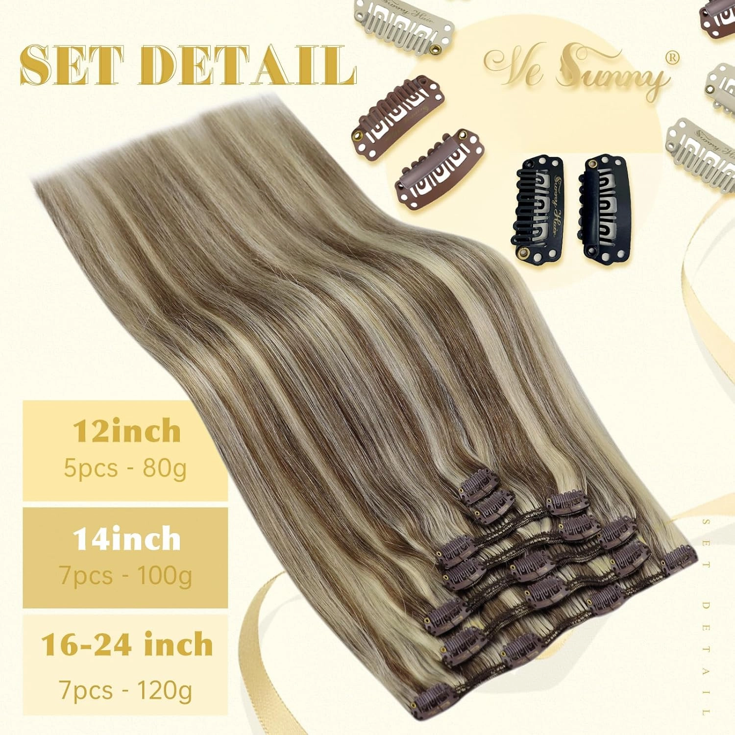 Sunny Clip in Human Hair Extensions 12inch Brown Blonde Clip on Hair Extensions Remy Human Hair 5pcs 70g Highlight Clip in Extensions Light Brown Mix Platinum Blonde Short Hair