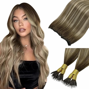 Sunny Hair Beaded Weft Hair Extensions Human Hair #3822-20 Bundle with Nano Hair Extensions 20inch 50g