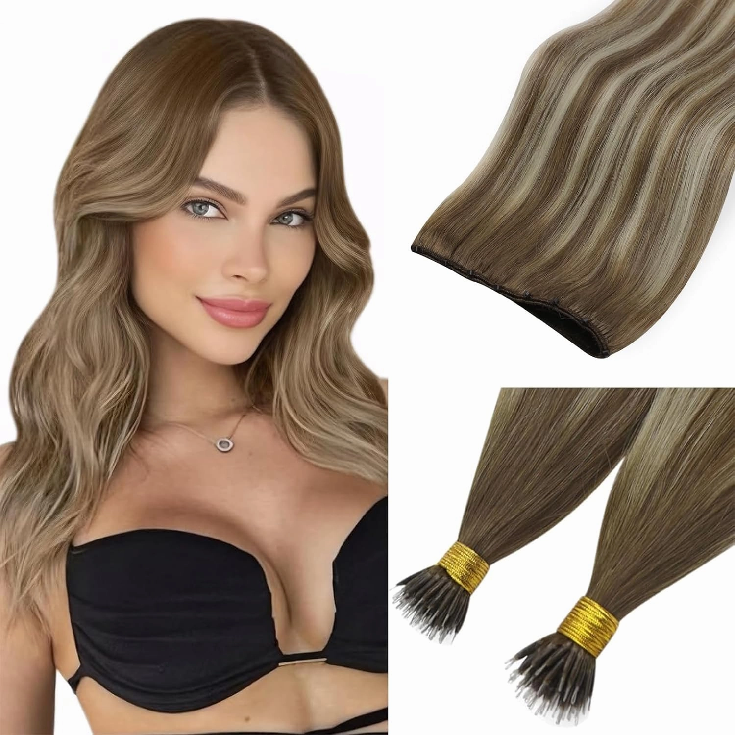 Sunny Hair Beaded Weft Hair Extensions Human Hair #6606-22 Bundle with Nano Hair Extensions 22inch 50g