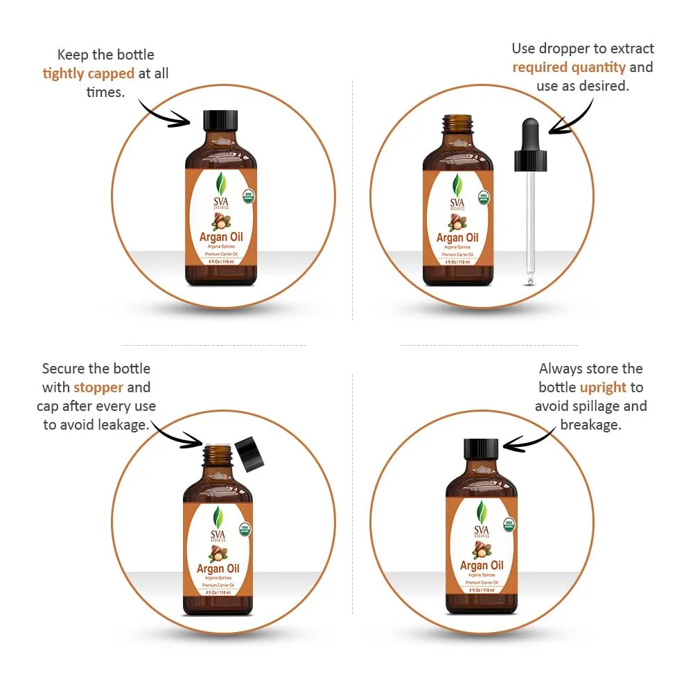 SVA Argan Oil Organic - 4 Fl Oz – 100% Natural Cold Pressed Organic Argan Oil - for Face, Skin Care, Hair Care, Scalp Massage & Body Massage – Carrier Oil with Dropper