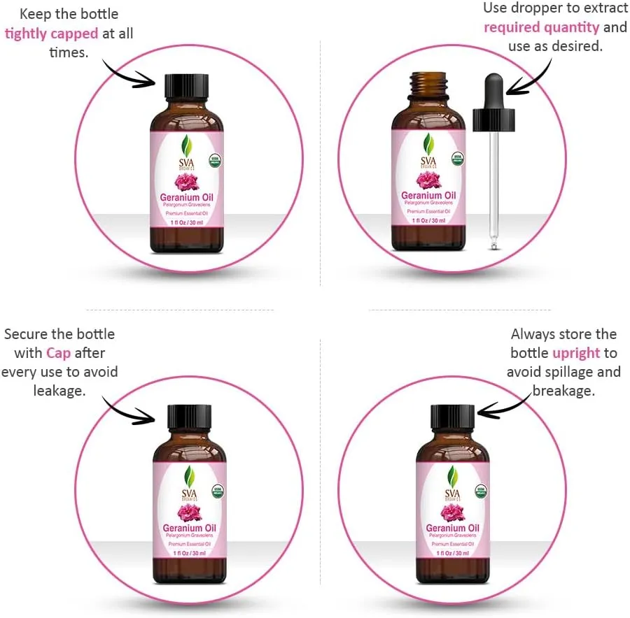 SVA Geranium Essential Oil Organic – 1 Fl Oz – 100% Natural Organic Geranium Oil - for Diffuser, Hair Care, Face, Skin Care, Aromatherapy, Scalp and Body Massage, Soap and Candle making – with Dropper