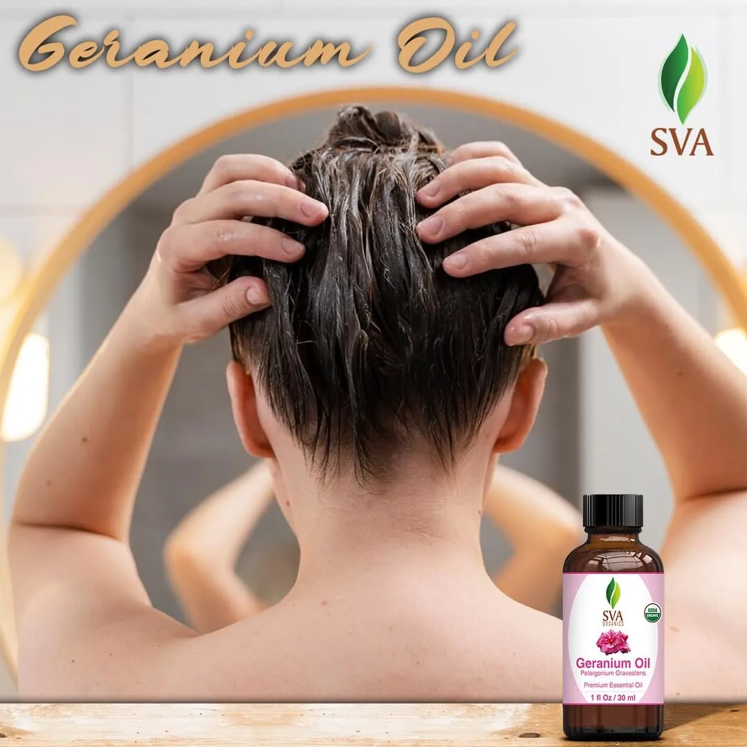 SVA Geranium Essential Oil Organic – 1 Fl Oz – 100% Natural Organic Geranium Oil - for Diffuser, Hair Care, Face, Skin Care, Aromatherapy, Scalp and Body Massage, Soap and Candle making – with Dropper