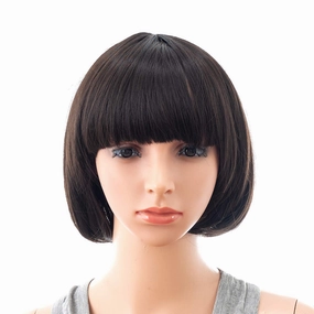 SWACC 10 Inch Short Straight Bob Wig with Bangs Synthetic Colorful Cosplay Daily Party Flapper Wig for Women with Wig Cap (Black Brown)