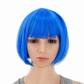 SWACC 10 Inch Short Straight Bob Wig with Bangs Synthetic Colorful Cosplay Daily Party Flapper Wig for Women with Wig Cap (Blue)