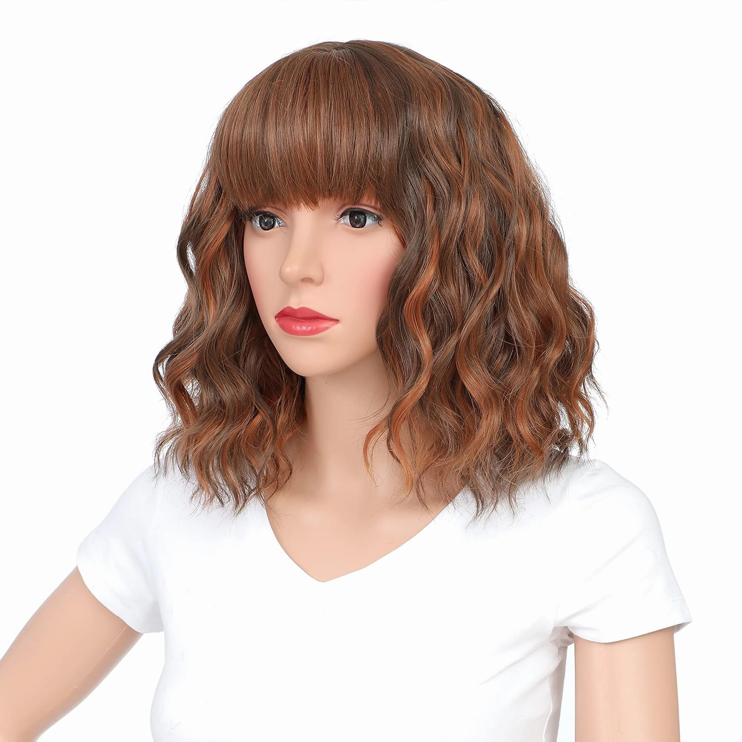 SWACC 12 Inch Short Curly Wavy Bob Wig with Bangs Synthetic Hair Wig for Women with Wig Cap (Brown Auburn Highlights)