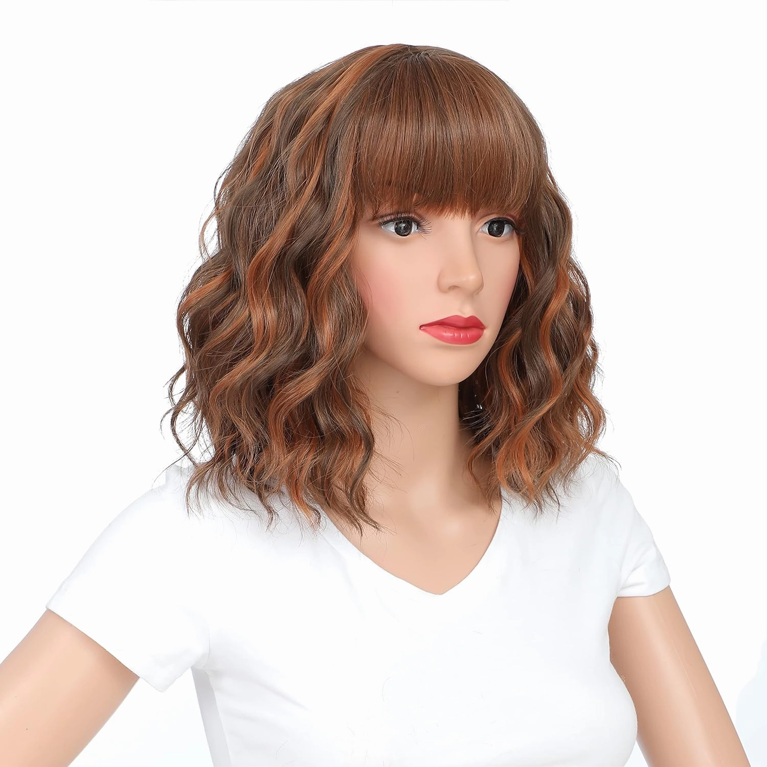 SWACC 12 Inch Short Curly Wavy Bob Wig with Bangs Synthetic Hair Wig for Women with Wig Cap (Brown Auburn Highlights)