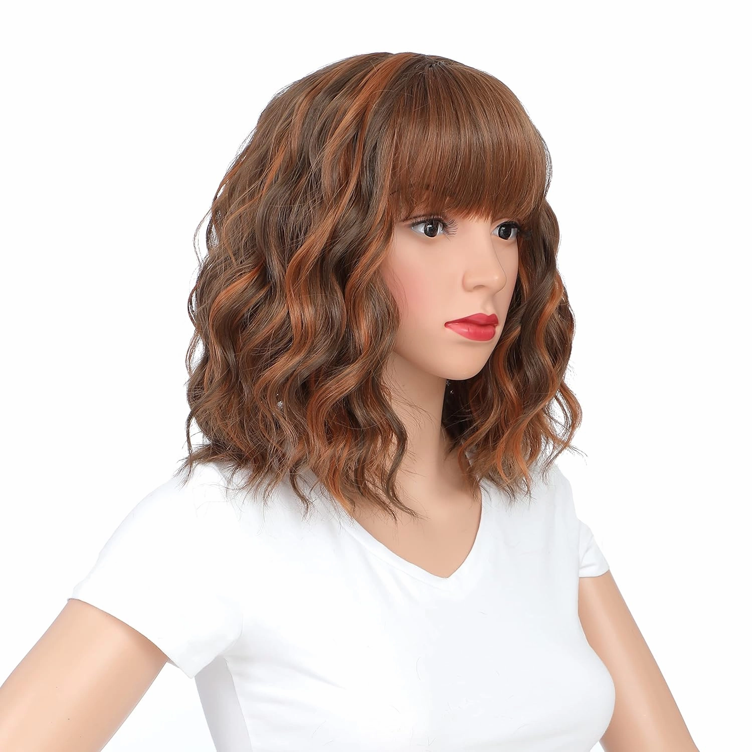 SWACC 12 Inch Short Curly Wavy Bob Wig with Bangs Synthetic Hair Wig for Women with Wig Cap (Brown Auburn Highlights)