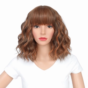 SWACC 12 Inch Short Curly Wavy Bob Wig with Bangs Synthetic Hair Wig for Women with Wig Cap (Brown Auburn Highlights)