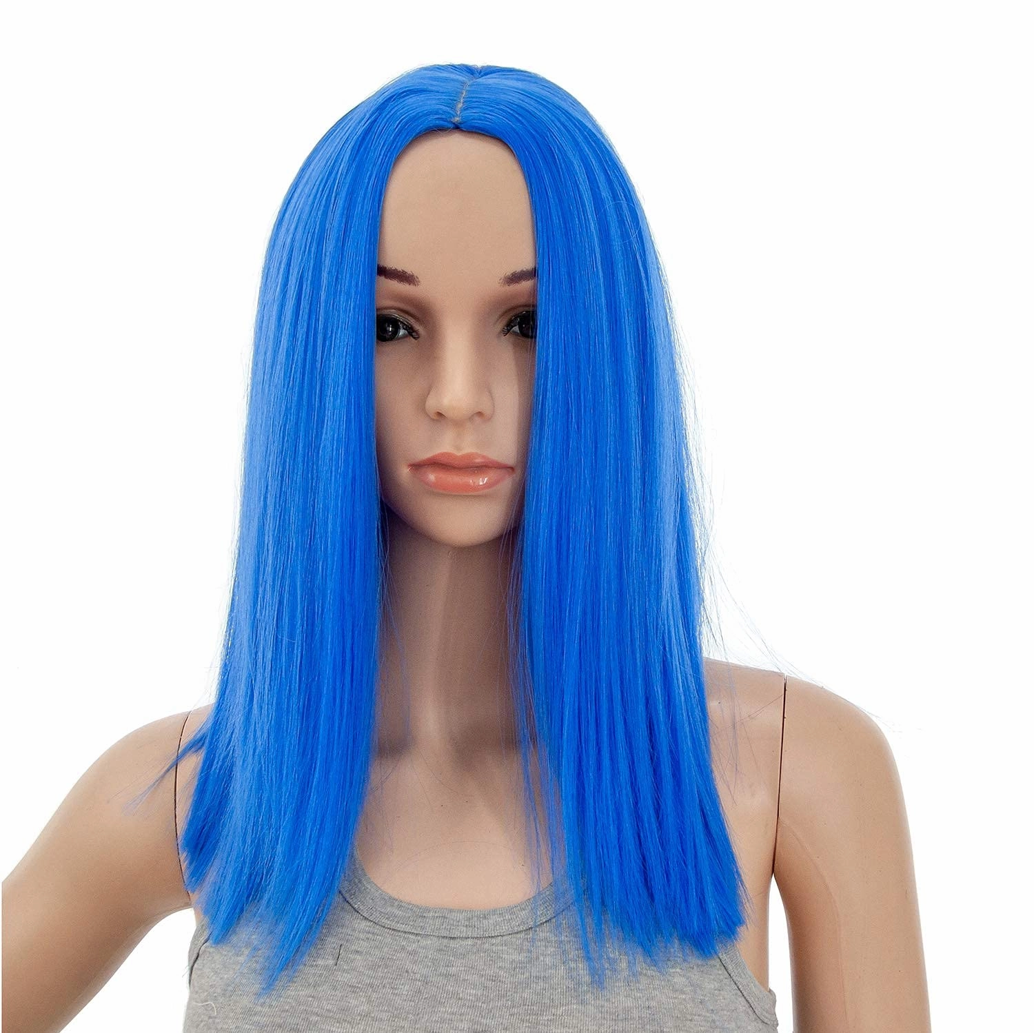 SWACC 14-Inch Short Straight Middle Part Hair Wig Medium Length Synthetic Heat Resistant Wigs for Women with Wig Cap (Blue)