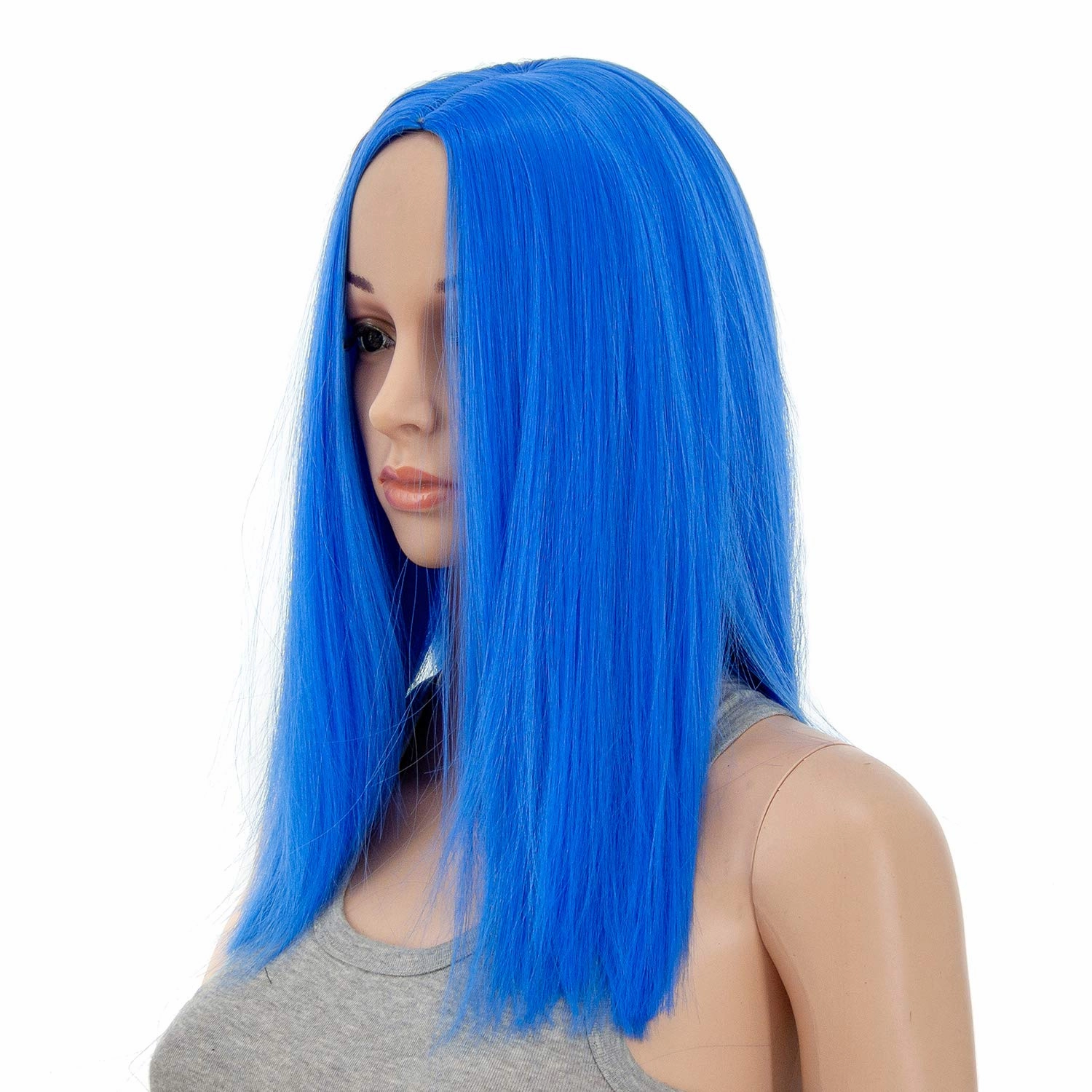 SWACC 14-Inch Short Straight Middle Part Hair Wig Medium Length Synthetic Heat Resistant Wigs for Women with Wig Cap (Blue)