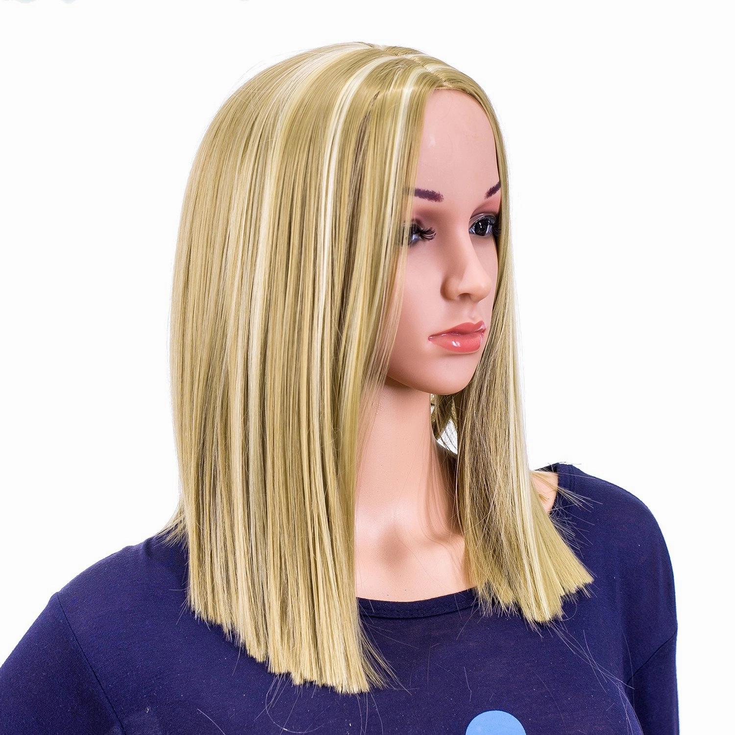 SWACC 14-Inch Short Straight Middle Part Hair Wig Medium Length Synthetic Heat Resistant Wigs for Women with Wig Cap (Dirty Blonde Highlights)