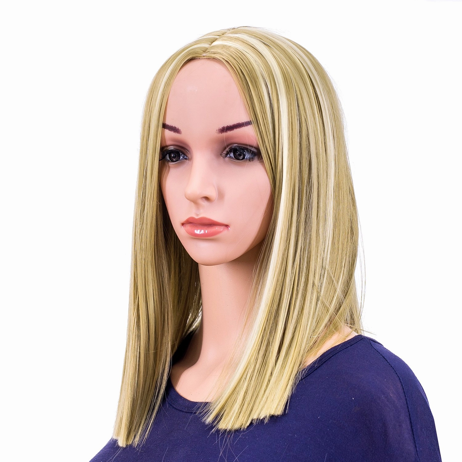 SWACC 14-Inch Short Straight Middle Part Hair Wig Medium Length Synthetic Heat Resistant Wigs for Women with Wig Cap (Dirty Blonde Highlights)