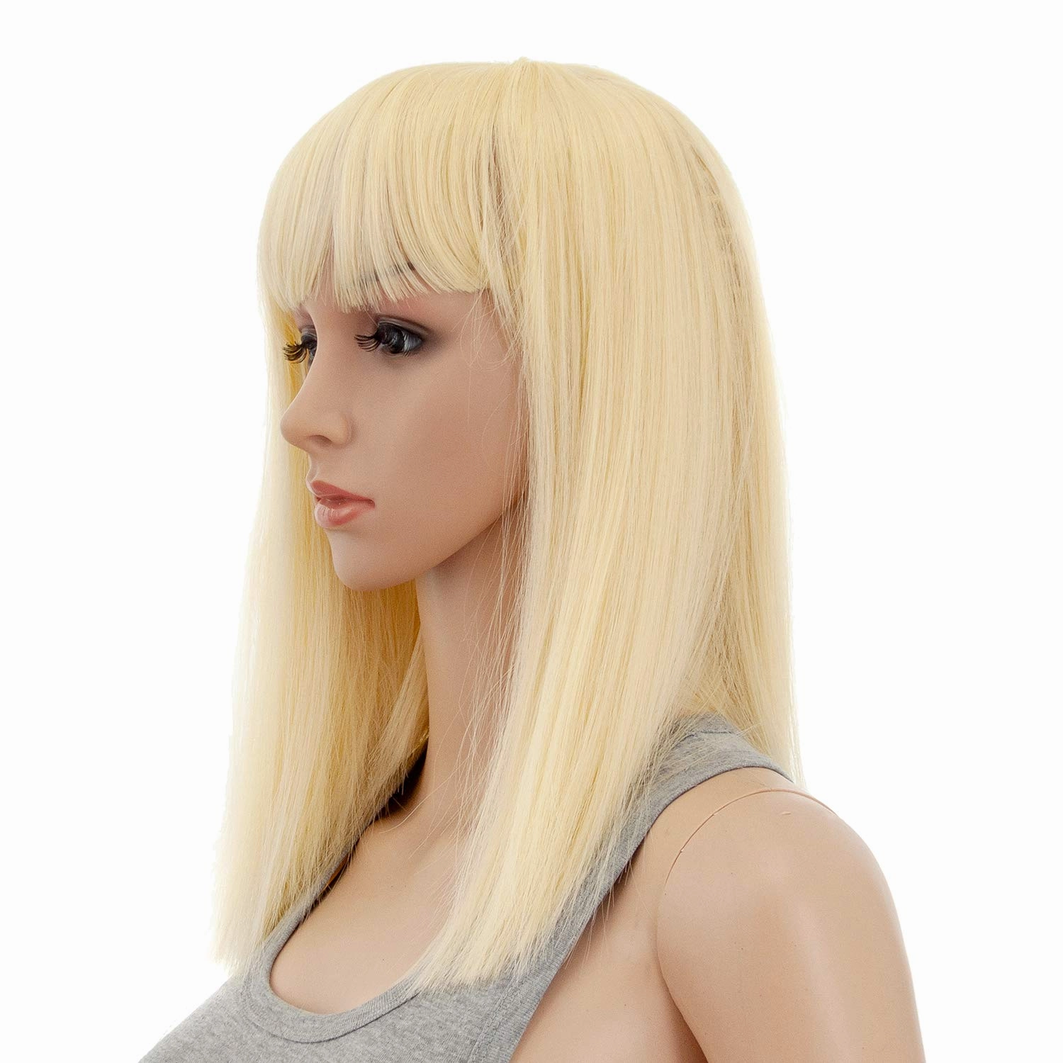SWACC 14 Inches Short Straight Medium Shoulder Length Wig with Blunt Cut Bangs and Bottom End Synthetic Heat Resistant Hair Wigs for Women with Wig Cap (613 Blonde)