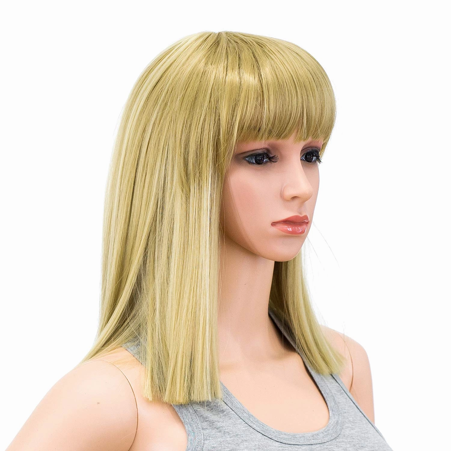 SWACC 14 Inches Short Straight Medium Shoulder Length Wig with Blunt Cut Bangs and Bottom End Synthetic Heat Resistant Hair Wigs for Women with Wig Cap (Dirty Blonde Highlights)
