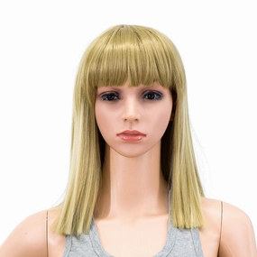 SWACC 14 Inches Short Straight Medium Shoulder Length Wig with Blunt Cut Bangs and Bottom End Synthetic Heat Resistant Hair Wigs for Women with Wig Cap (Dirty Blonde Highlights)
