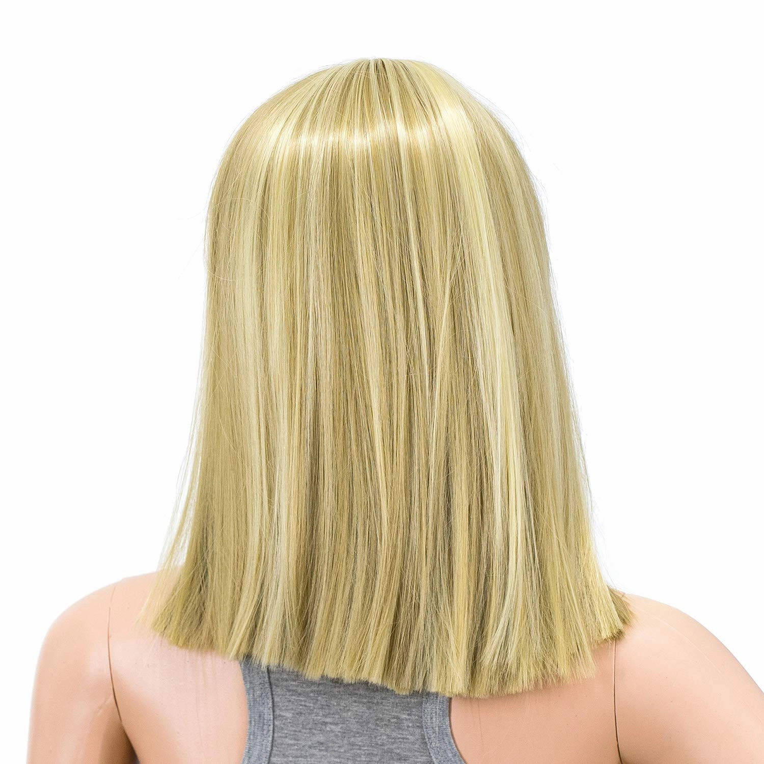 SWACC 14 Inches Short Straight Medium Shoulder Length Wig with Blunt Cut Bangs and Bottom End Synthetic Heat Resistant Hair Wigs for Women with Wig Cap (Dirty Blonde Highlights)