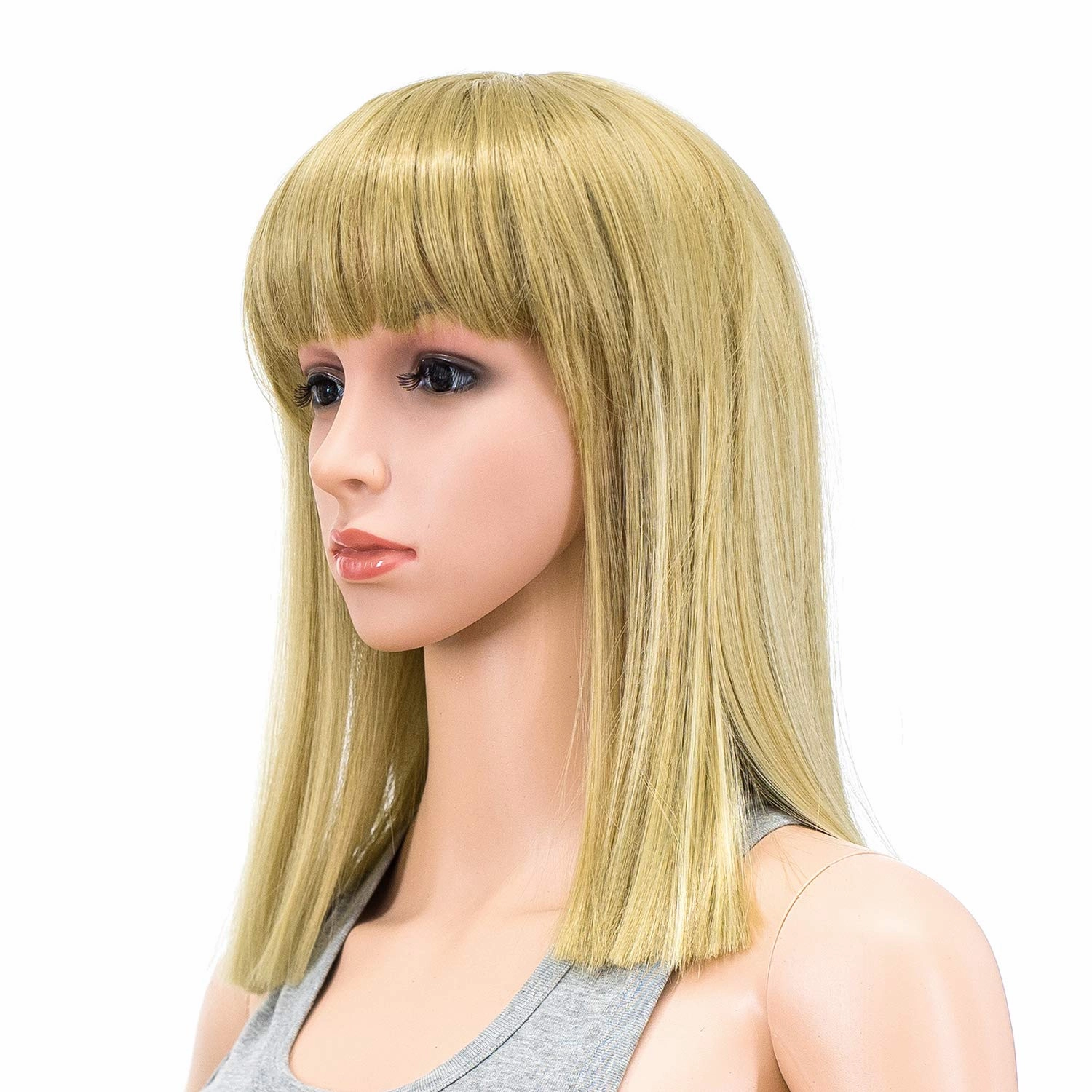 SWACC 14 Inches Short Straight Medium Shoulder Length Wig with Blunt Cut Bangs and Bottom End Synthetic Heat Resistant Hair Wigs for Women with Wig Cap (Dirty Blonde Highlights)