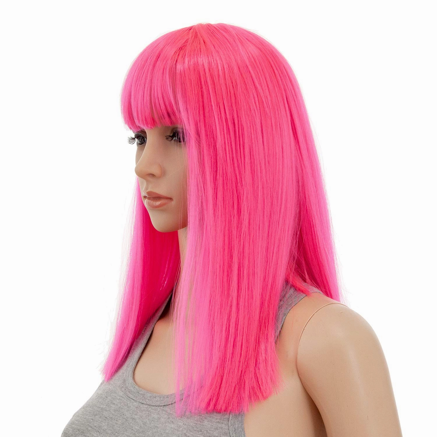 SWACC 14 Inches Short Straight Medium Shoulder Length Wig with Blunt Cut Bangs and Bottom End Synthetic Heat Resistant Hair Wigs for Women with Wig Cap (Hot Pink)