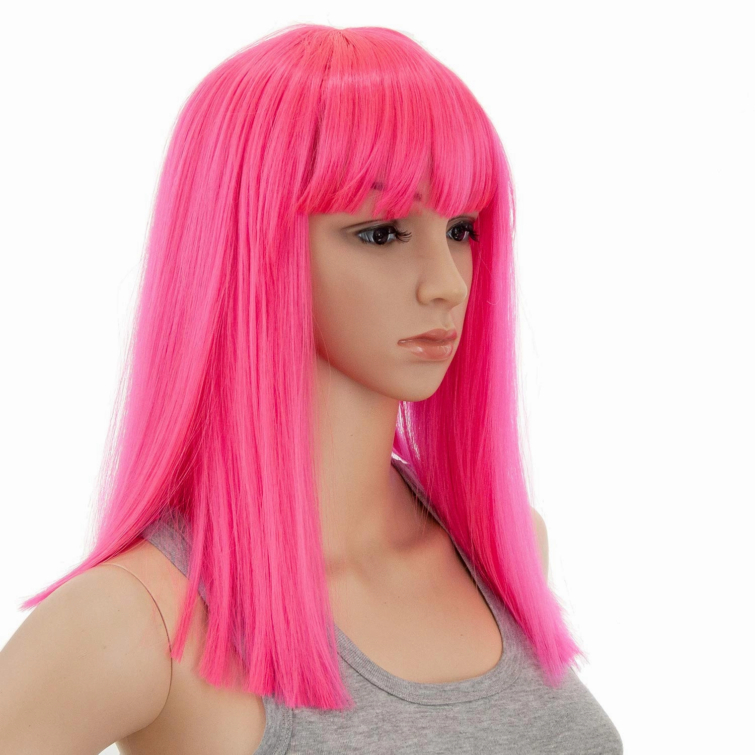 SWACC 14 Inches Short Straight Medium Shoulder Length Wig with Blunt Cut Bangs and Bottom End Synthetic Heat Resistant Hair Wigs for Women with Wig Cap (Hot Pink)