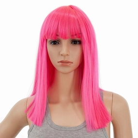 SWACC 14 Inches Short Straight Medium Shoulder Length Wig with Blunt Cut Bangs and Bottom End Synthetic Heat Resistant Hair Wigs for Women with Wig Cap (Hot Pink)