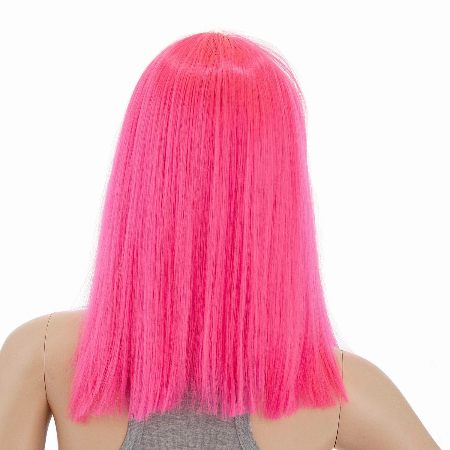 SWACC 14 Inches Short Straight Medium Shoulder Length Wig with Blunt Cut Bangs and Bottom End Synthetic Heat Resistant Hair Wigs for Women with Wig Cap (Hot Pink)