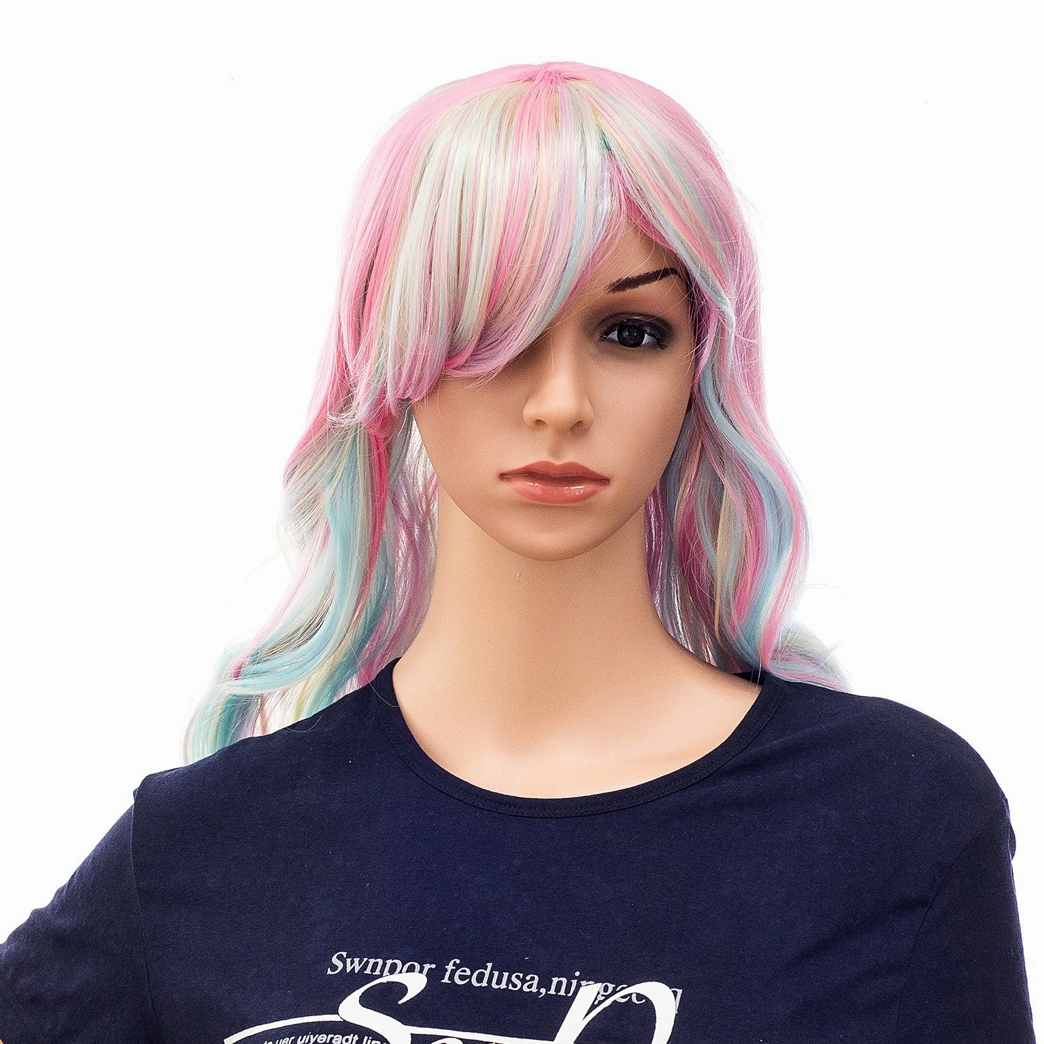 SWACC Long Curly Double Claw Clip on Ponytail Wig Synthetic Pastel Colorful Cosplay Daily Party Wig for Women with Wig Cap (Multi-Color Pink/Blue/Blonde-3)